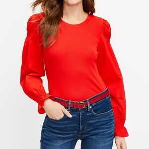 LOFT ribbed puffed ruffle sleeves knit top, xs, red